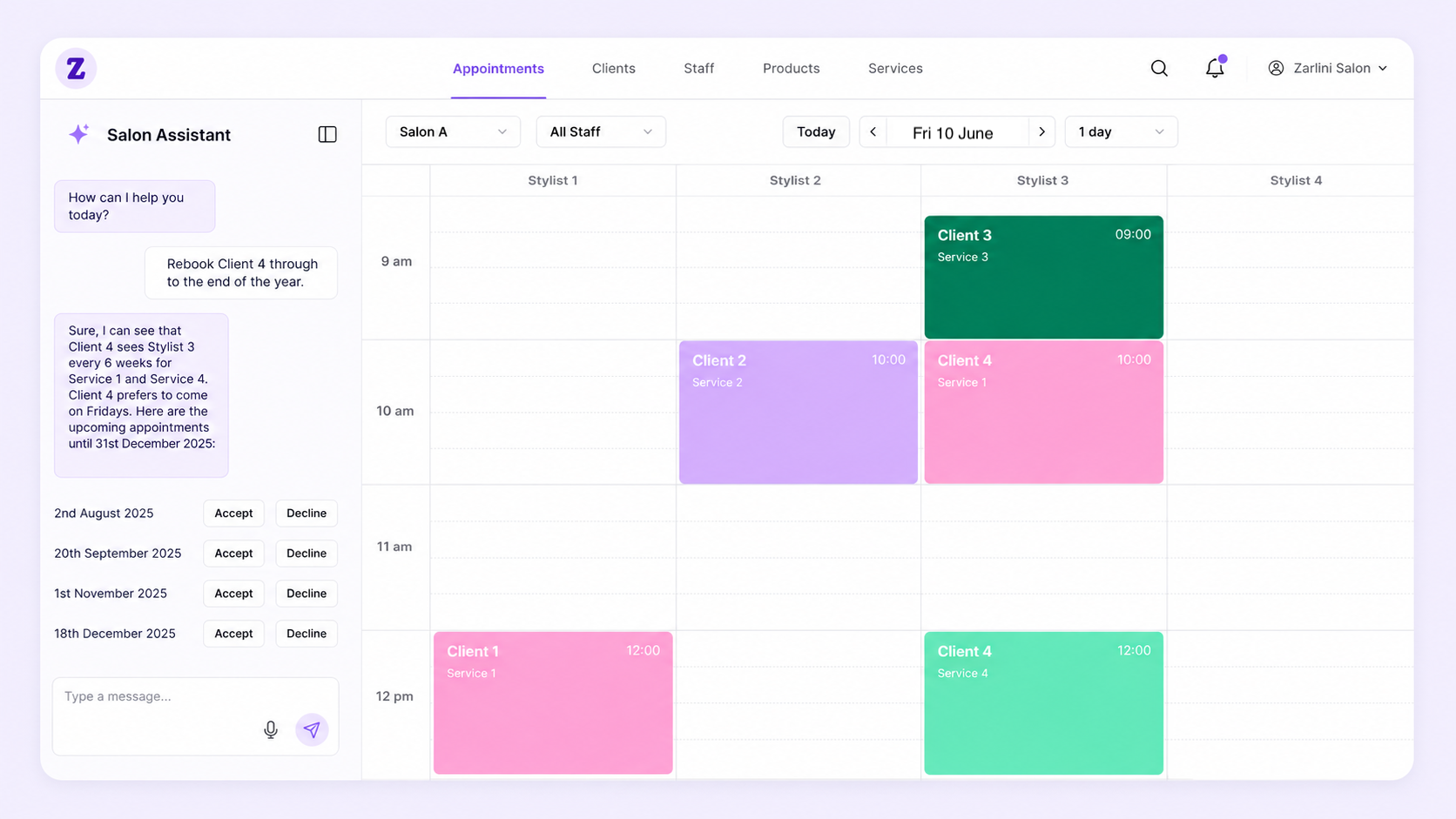 Zarlini salon software showing AI assistant and appointment calendar
